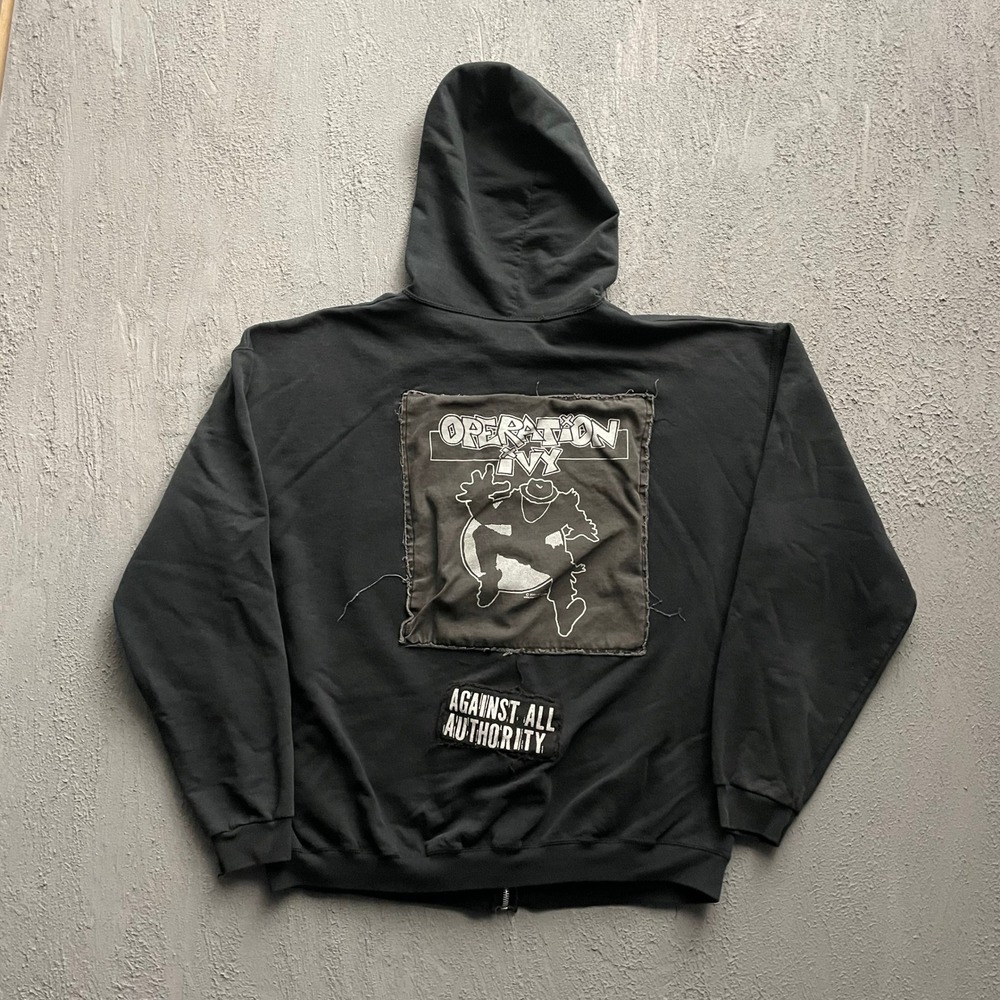 Vintage Punk Patch Zip Up Hoodie Mens XL Black 2000s Hanes